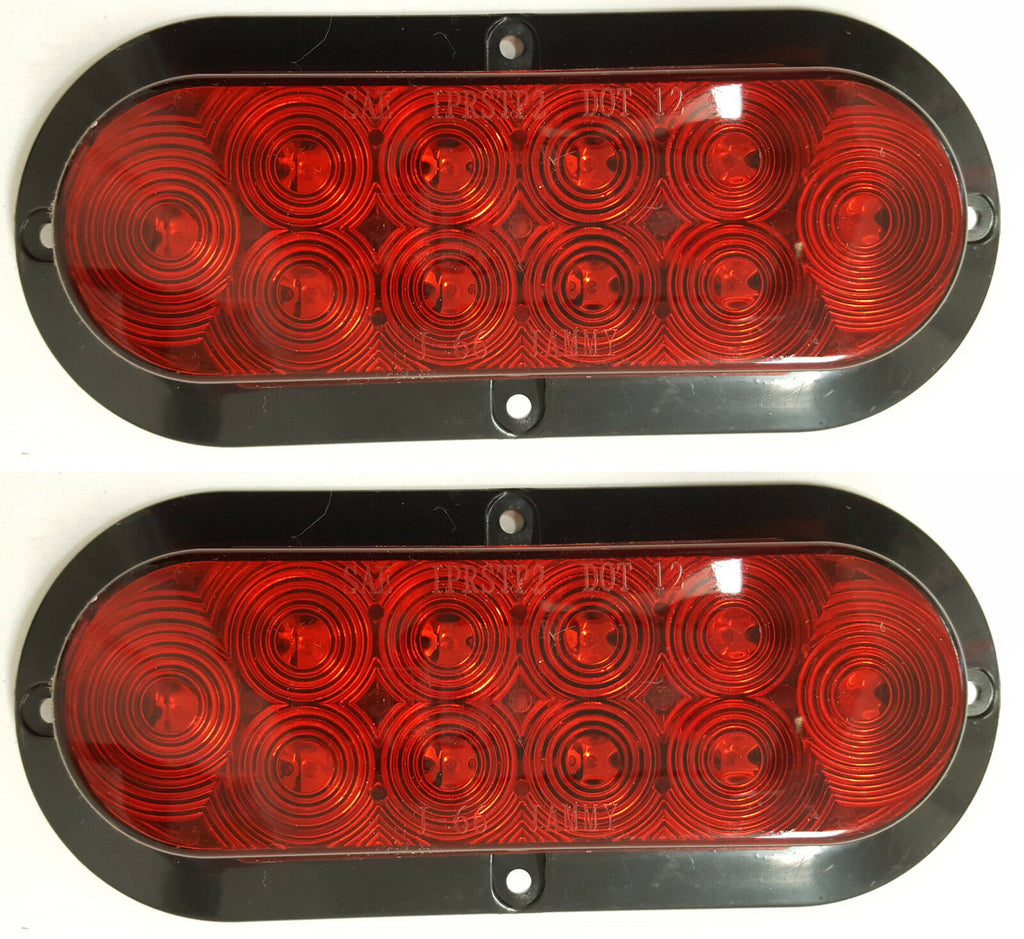 2 TWO - 6” Oval Red Flange Surface Mount Stop Turn Tail 10 LED  Trailer Light (J-66-FR-LOTOF2)