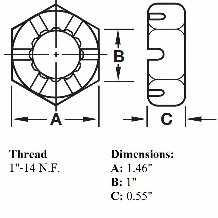 1"-14 Fine Thread 6-Slot Spindle Castle Nut for Dexter, AL-KO, and Rockwell Trailer Axles (FA-SN100)