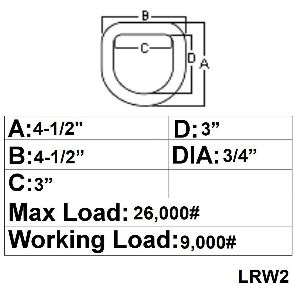 3/4" Weld On D Rings 26,000 Rated Tie Down 4.5" x 3/4" Tractor Equipment Heavy (LRW2)