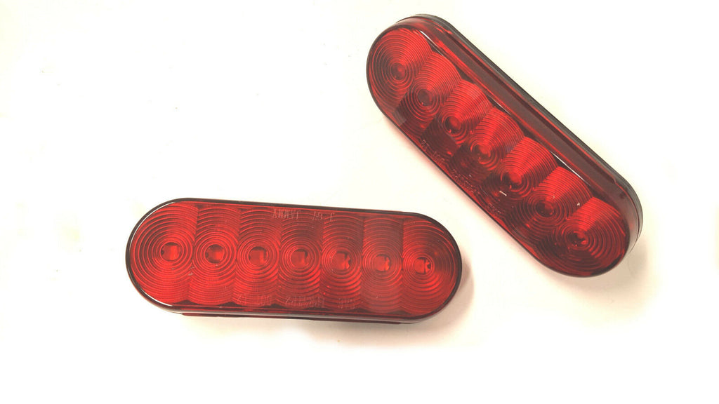TWO - 6" LED Light Oval Stop Turn Tail Red Red 7 Diode Grommet Trailer Truck RV (J-67-R-LOTOF2)