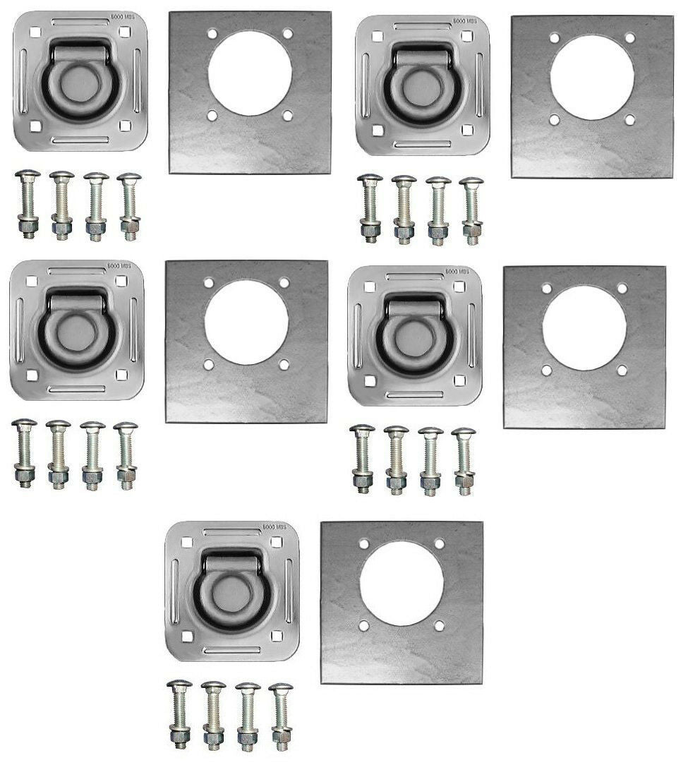 5 - Zinc Plated Recessed 5000 D Rings with Backing Plates Bolts Car Trailer  (RR5K-LOTOF5)