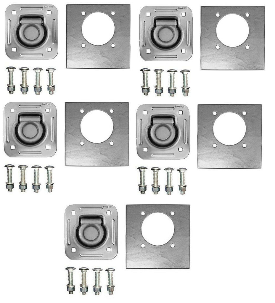 5 - Zinc Plated Recessed 5000 D Rings with Backing Plates Bolts Car Trailer  (RR5K-LOTOF5)