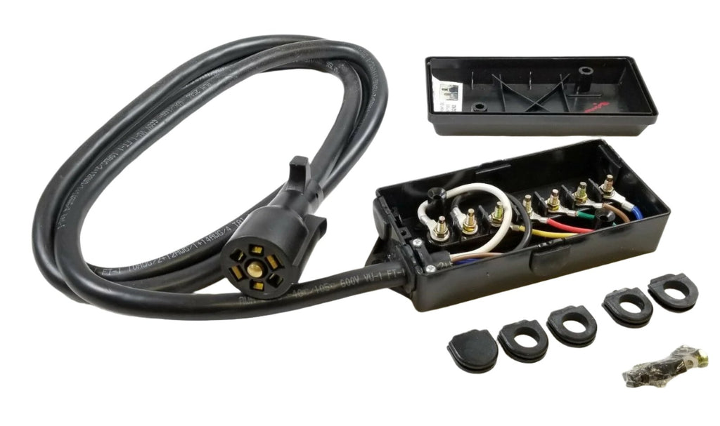 7 Way Plug Inline Pre-Wired Trailer BLACK Cord Junction Box 8 Ft Wiring Cable Towing (8FT-JB-BLK)