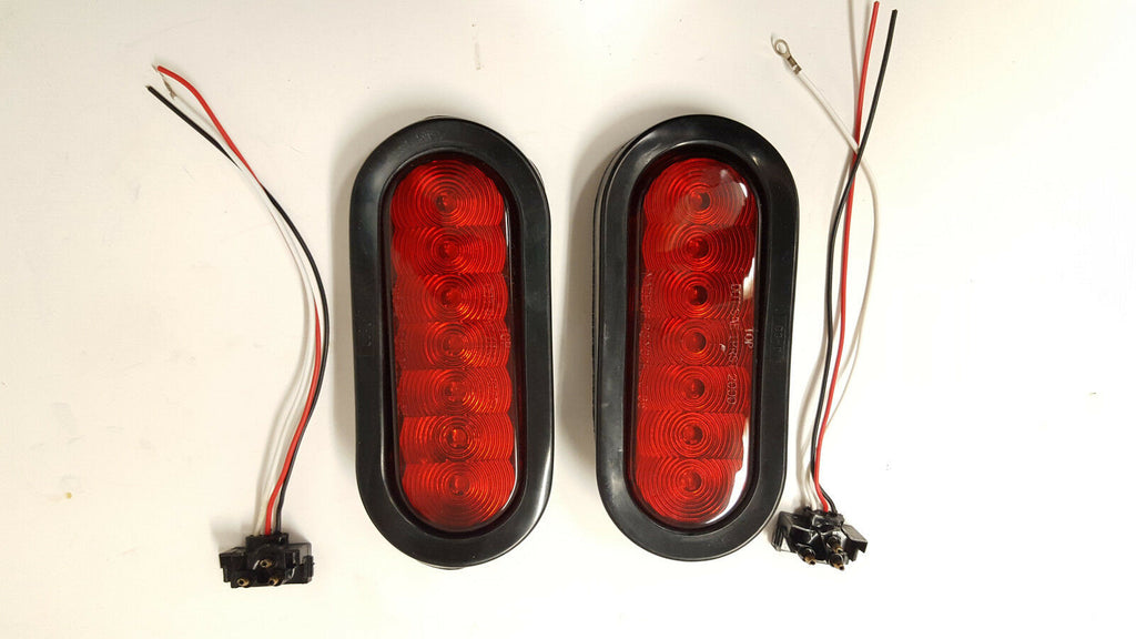 TWO - 6" LED Light Oval Stop Turn Tail Red Red 7 Diode Grommet Trailer Truck RV (J-67-R-LOTOF2)