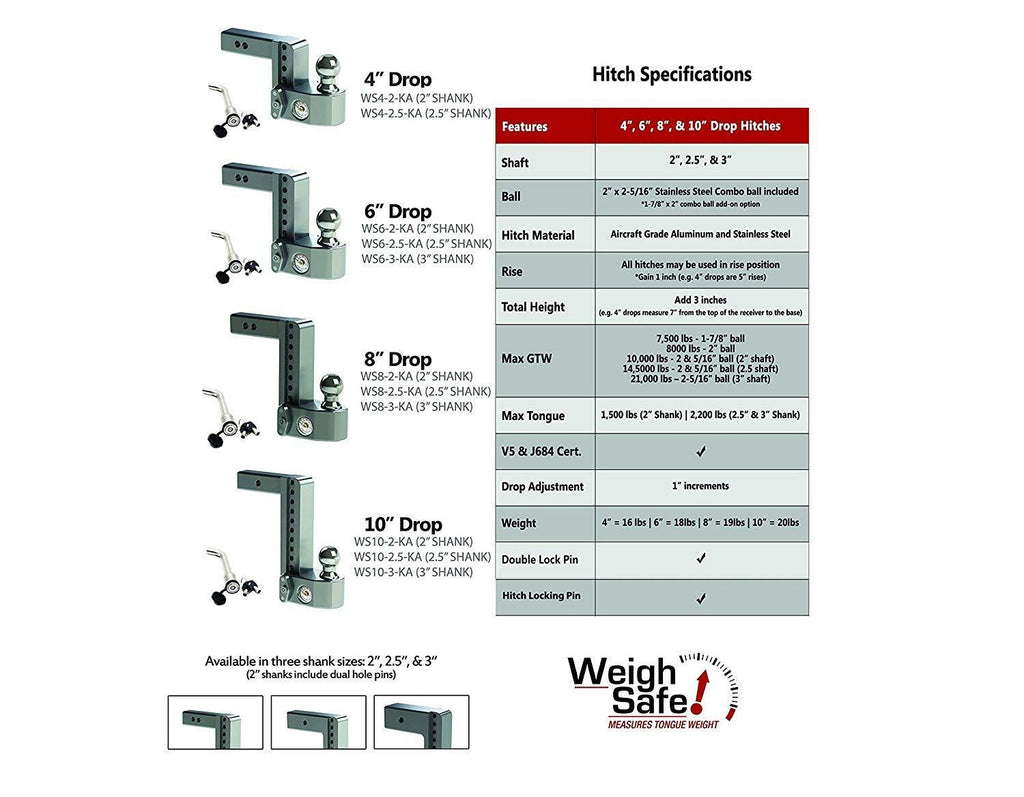 Weigh Safe 2" Locking Hitch Pin & Ball Keyed Alike Mount 8" Drop 10k Rated (WS8-2-KA)