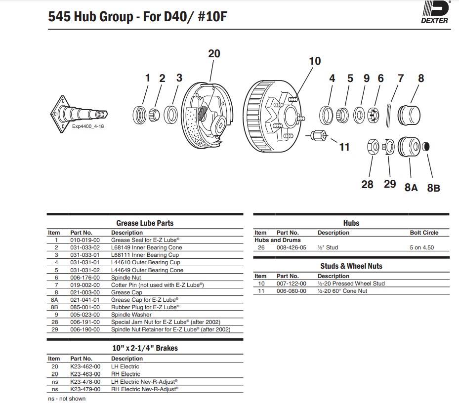 Dexter D40, 4000# 5 x 4.5" Drum w/Bearings 1/2" Studs Trailer Axle 8-426-91 (K08-426-91-L)